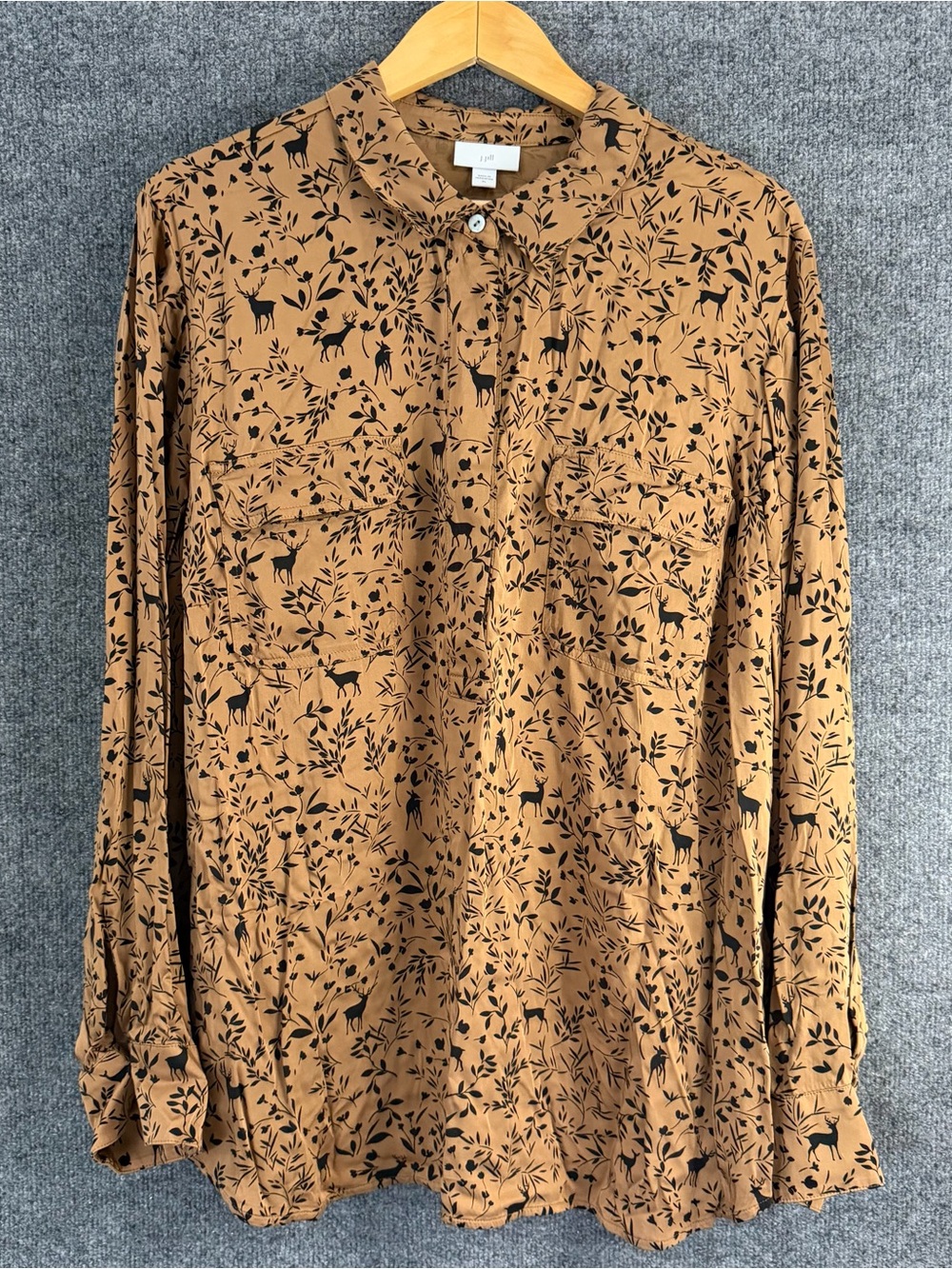 J Jill Womens Long Sleeve Deer Print Button Up Top Size XL Brown Black Office